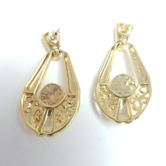 Vintage Gold Tone Faux Pearl Door Knocker Dangle Stud Earrings, Retro 80s Style - Picture 3 of 6